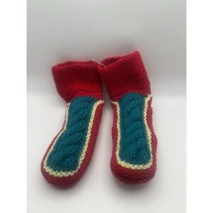 Pair Handmade Red & Green Knitted‎ Slippers RARE